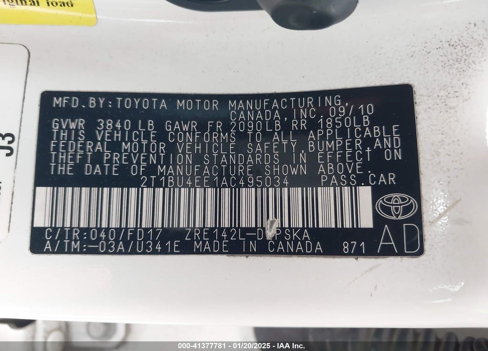 2010 TOYOTA COROLLA VIN: 2T1BU4EE1AC495034