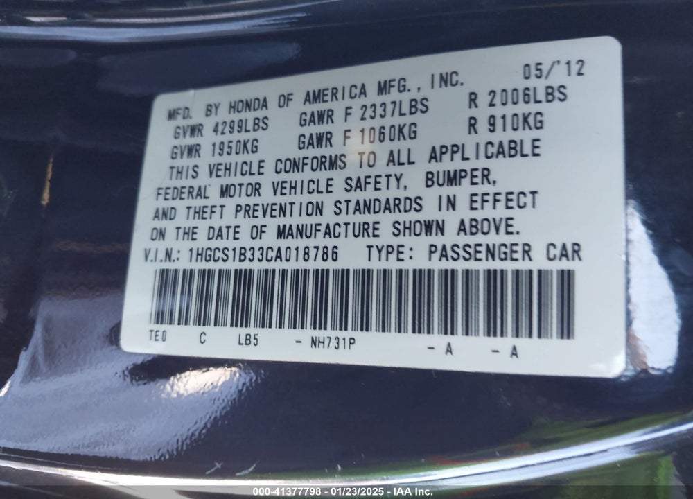 2012 HONDA ACCORD VIN: 1HGCS1B33CA018786