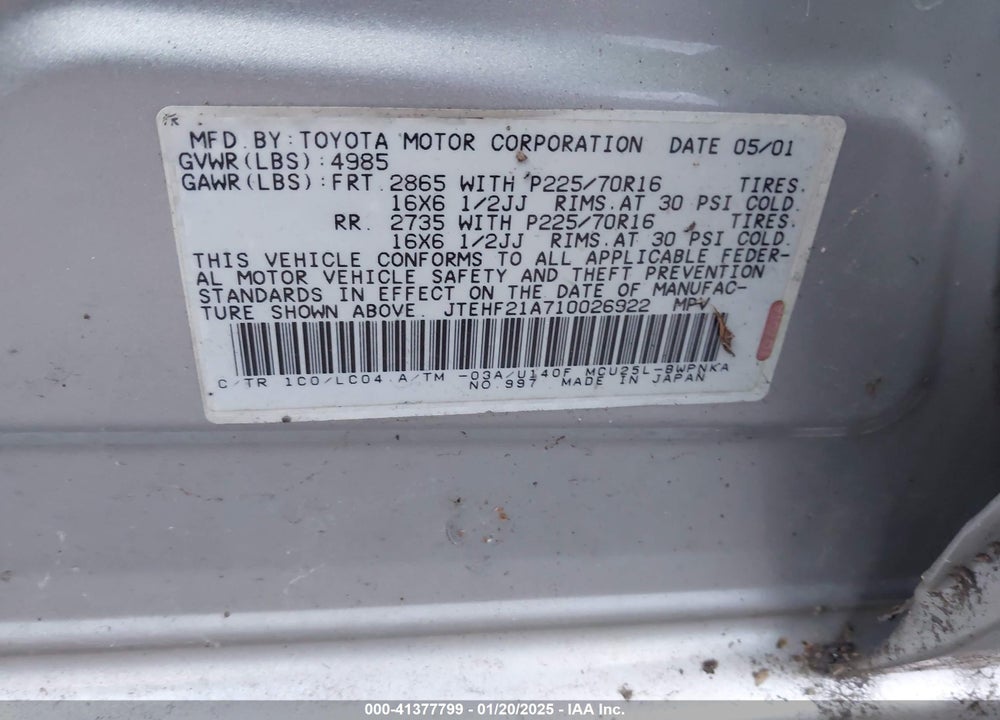 2001 TOYOTA HIGHLANDER V6 VIN: JTEHF21A710026922