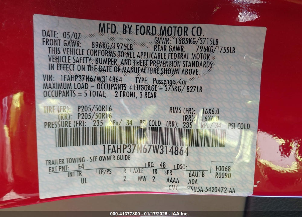 2007 FORD FOCUS S/SE/SES VIN: 1FAHP37N67W314864