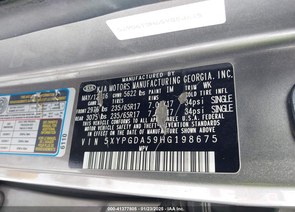 2017 KIA SORENTO 3.3L LX VIN: 5XYPGDA59HG198675