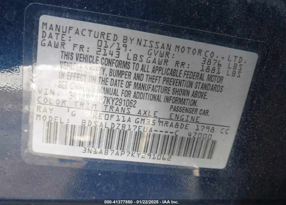 2019 NISSAN SENTRA VIN: 3N1AB7AP7KY291062