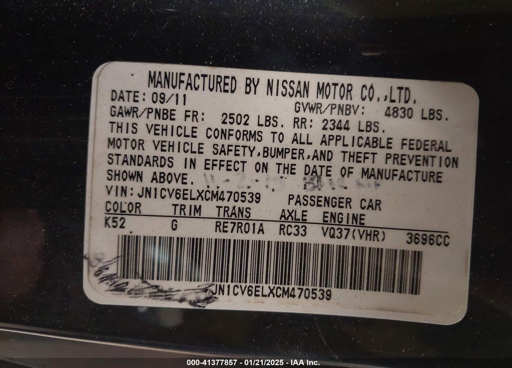 2012 INFINITI G37 X VIN: JN1CV6ELXCM470539