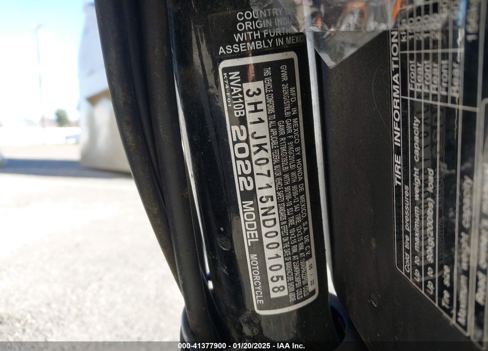 2022 HONDA NVA110 B VIN: 3H1JK0715ND001058