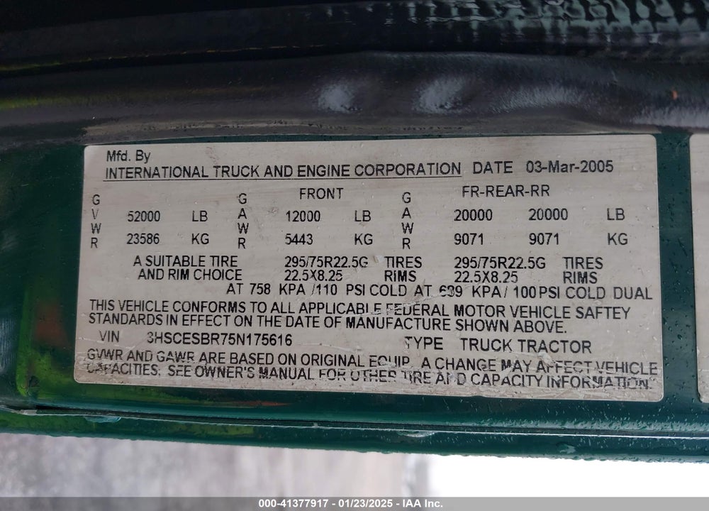 2005 INTERNATIONAL 9200 9200I VIN: 3HSCESBR75N175616