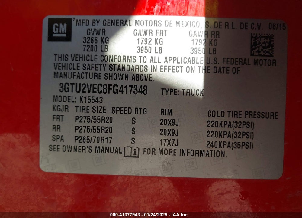 2015 GMC SIERRA 1500 SLT VIN: 3GTU2VEC8FG417348