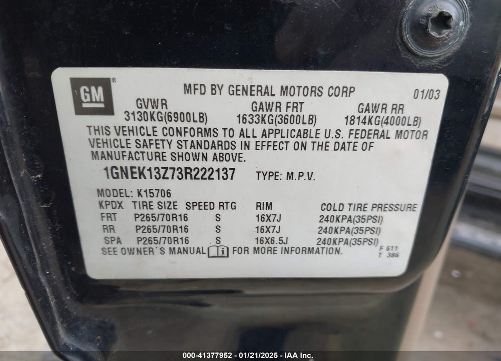 2003 CHEVROLET TAHOE LT VIN: 1GNEK13Z73R222137
