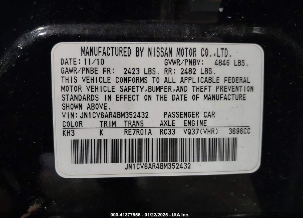 2011 INFINITI G37X VIN: JN1CV6AR4BM352432