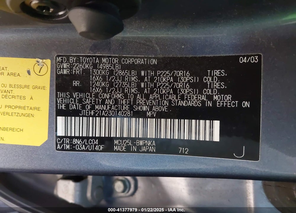 2003 TOYOTA HIGHLANDER LIMITED V6 VIN: JTEHF21A230140281