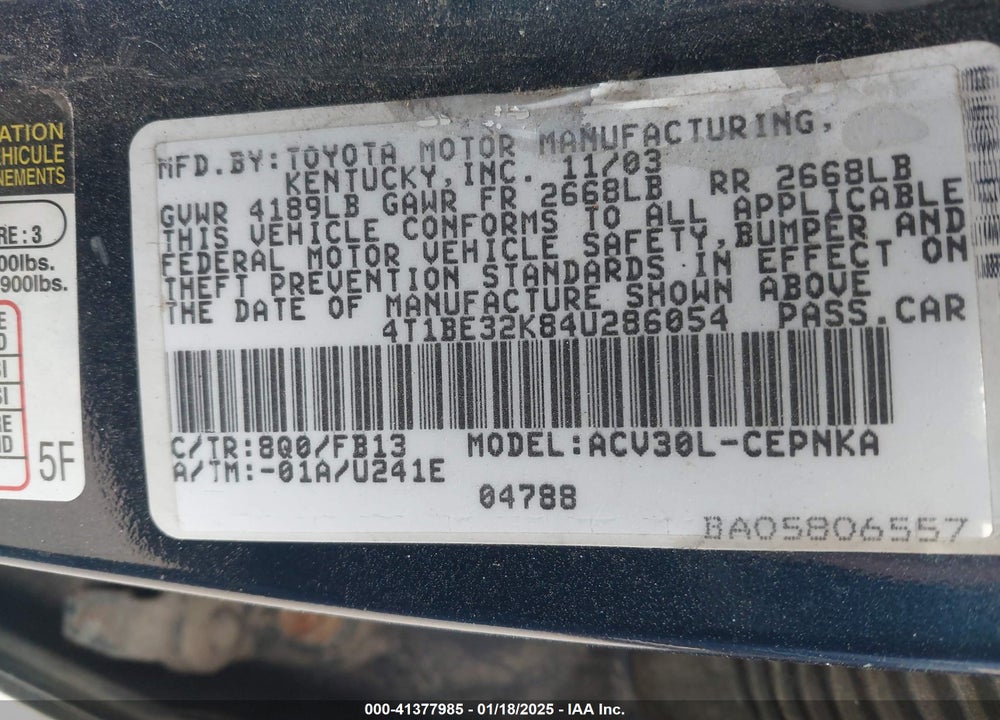 2004 TOYOTA CAMRY LE VIN: 4T1BE32K84U286054