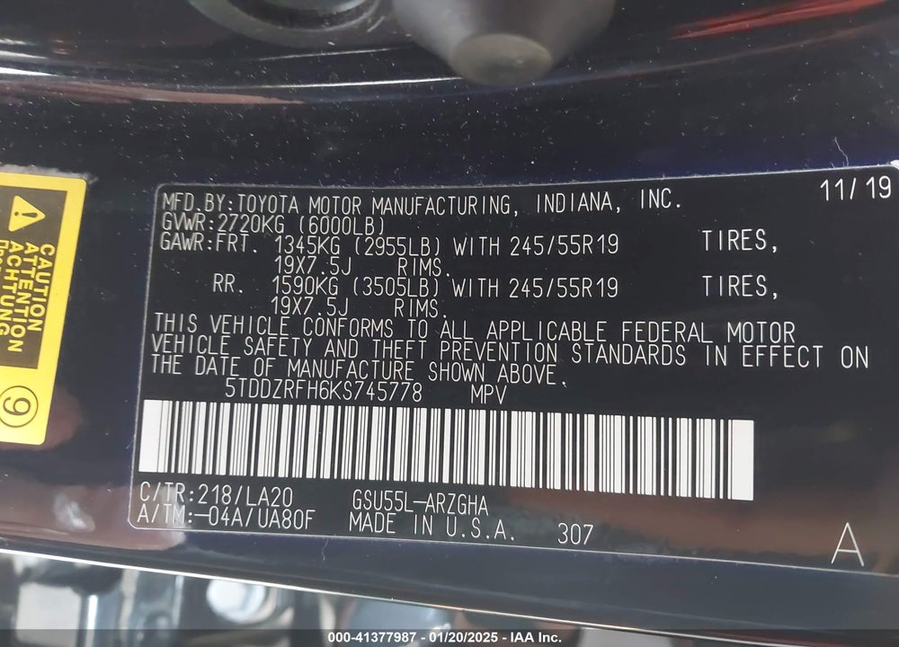 2019 TOYOTA HIGHLANDER VIN: 5TDDZRFH6KS745778