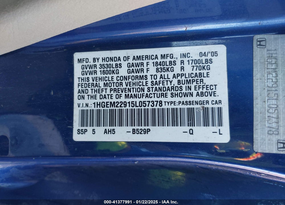 2005 HONDA CIVIC EX VIN: 1HGEM22915L057378