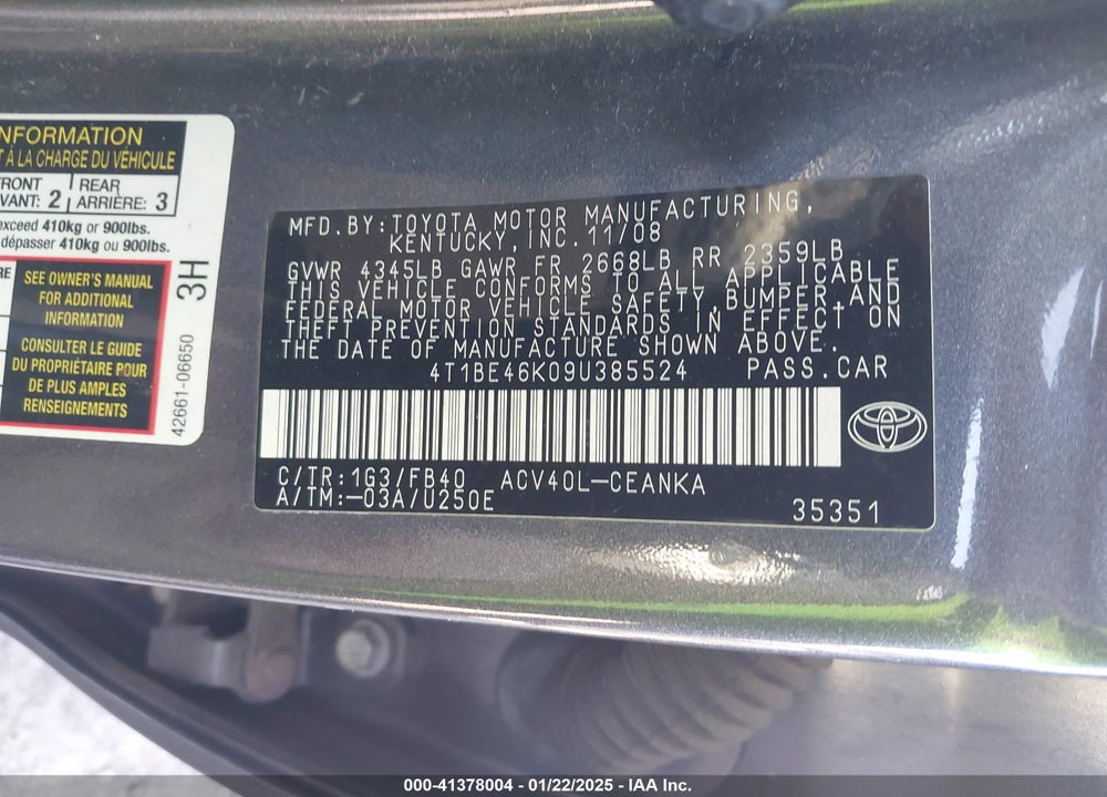 2009 TOYOTA CAMRY VIN: 4T1BE46K09U385524