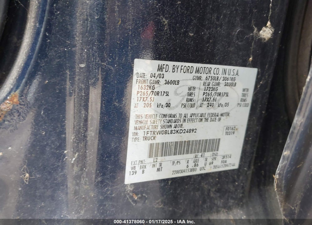 2003 FORD F-150 LARIAT/XLT VIN: 1FTRW08L83KD24892