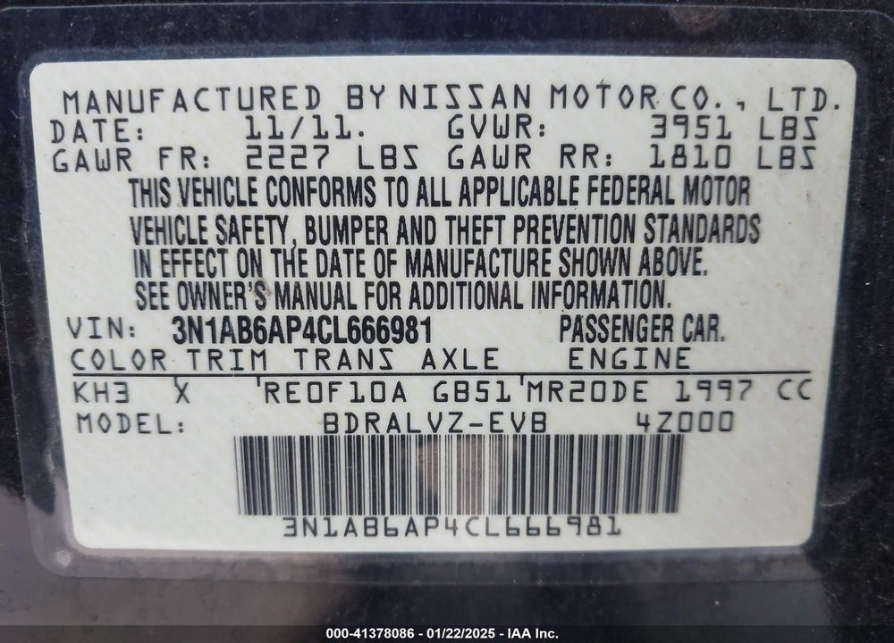 2012 NISSAN SENTRA VIN: 3N1AB6AP4CL666981