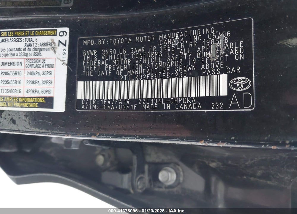 2006 TOYOTA MATRIX VIN: 2T1LR32E86C561235