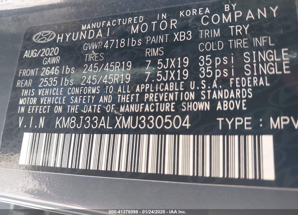 2021 HYUNDAI TUCSON SPORT VIN: KM8J33ALXMU330504