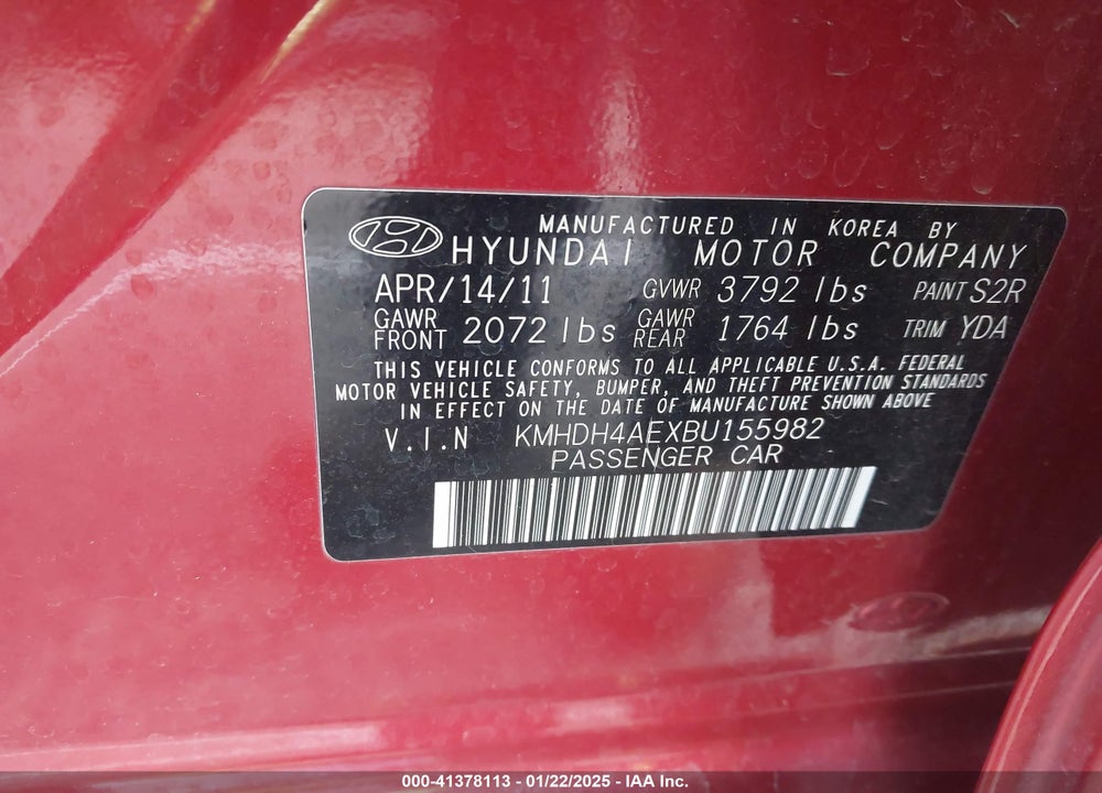 2011 HYUNDAI ELANTRA GLS (ULSAN PLANT) VIN: KMHDH4AEXBU155982