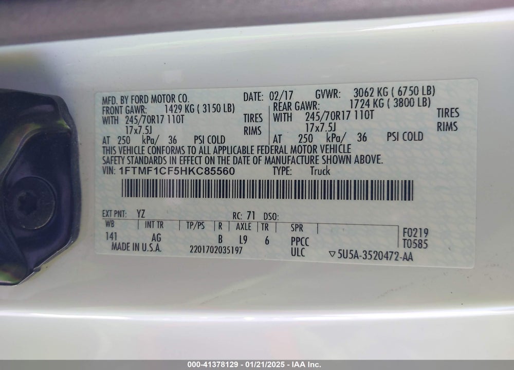 2017 FORD F-150 XL VIN: 1FTMF1CF5HKC85560