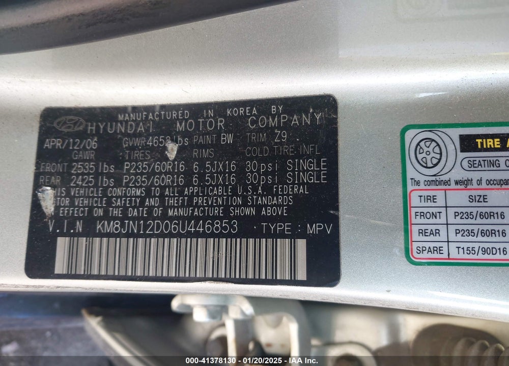 2006 HYUNDAI TUCSON VIN: KM8JN12D06U446853