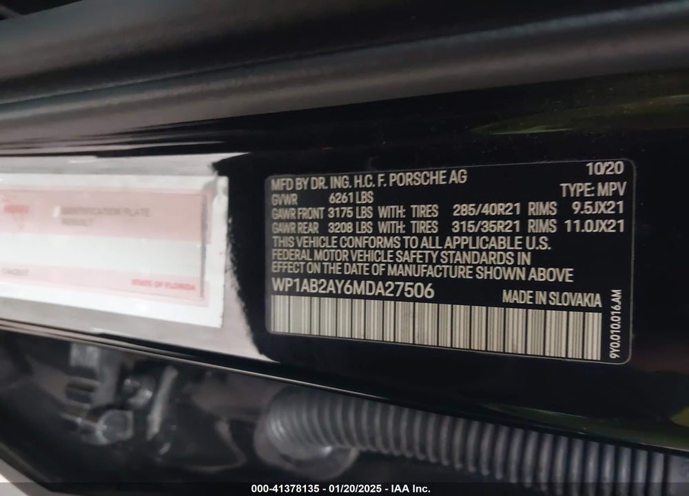 2021 PORSCHE CAYENNE S VIN: WP1AB2AY6MDA27506