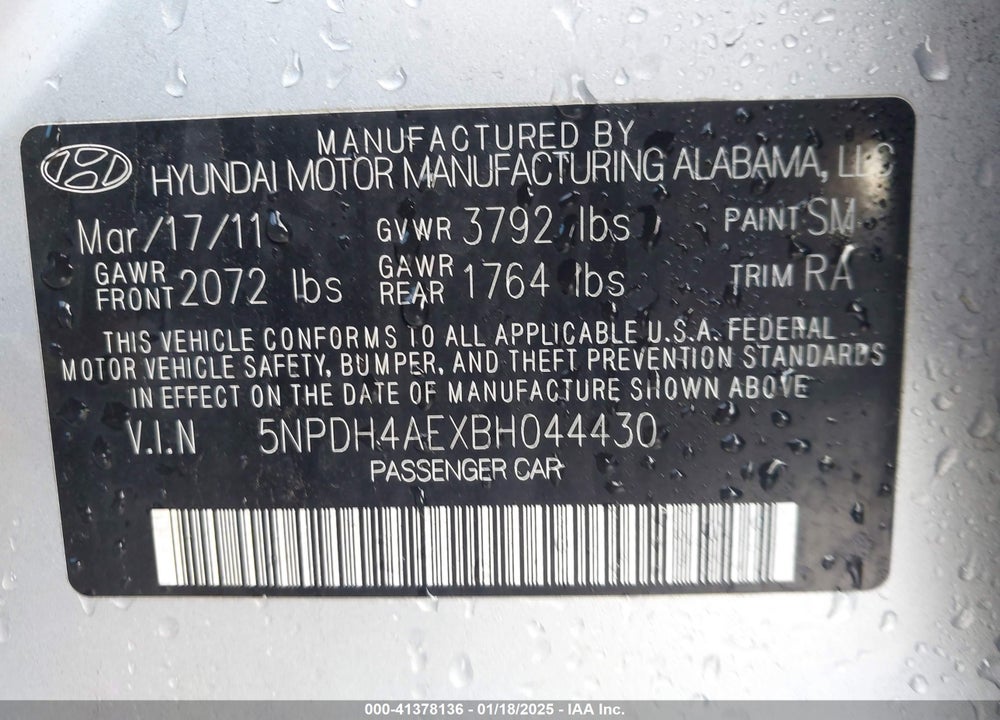 2011 HYUNDAI ELANTRA VIN: 5NPDH4AEXBH044430