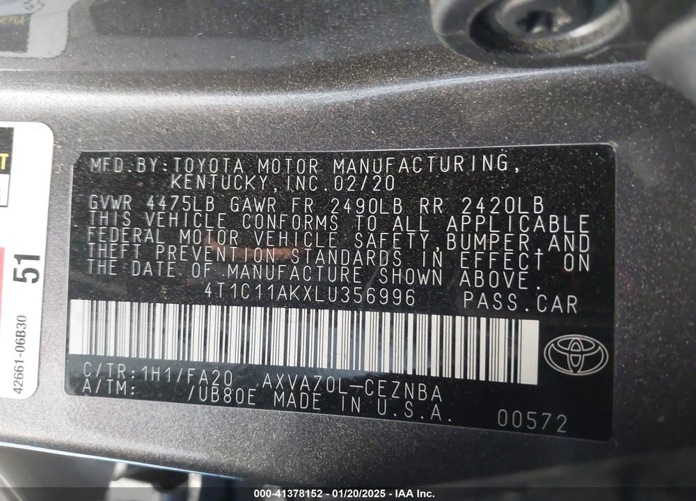2020 TOYOTA CAMRY VIN: 4T1C11AKXLU356996