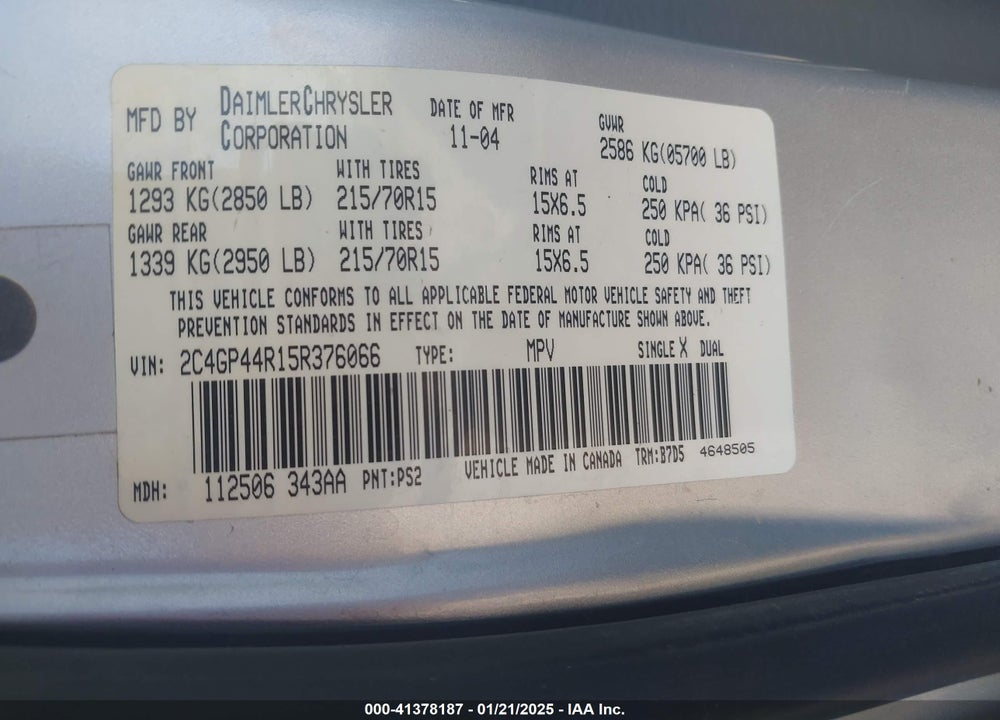 2005 CHRYSLER TOWN & COUNTRY LX VIN: 2C4GP44R15R376066