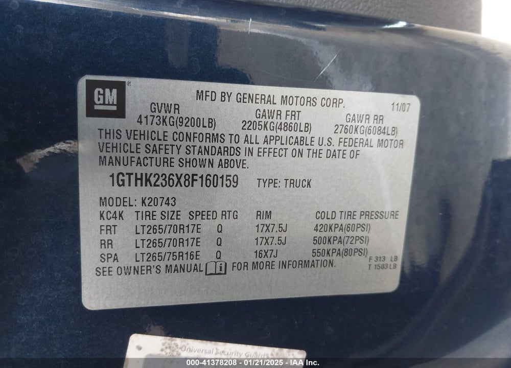 2008 GMC SIERRA 2500HD VIN: 1GTHK236X8F160159