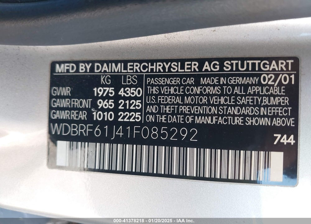 2001 MERCEDES-BENZ C 240 VIN: WDBRF61J41F085292