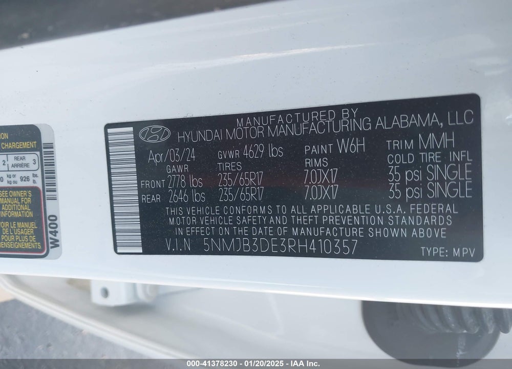 2024 HYUNDAI TUCSON SEL VIN: 5NMJB3DE3RH410357