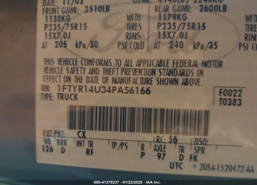 2004 FORD RANGER EDGE/TREMOR/XL/XLT VIN: 1FTYR14U34PA56166