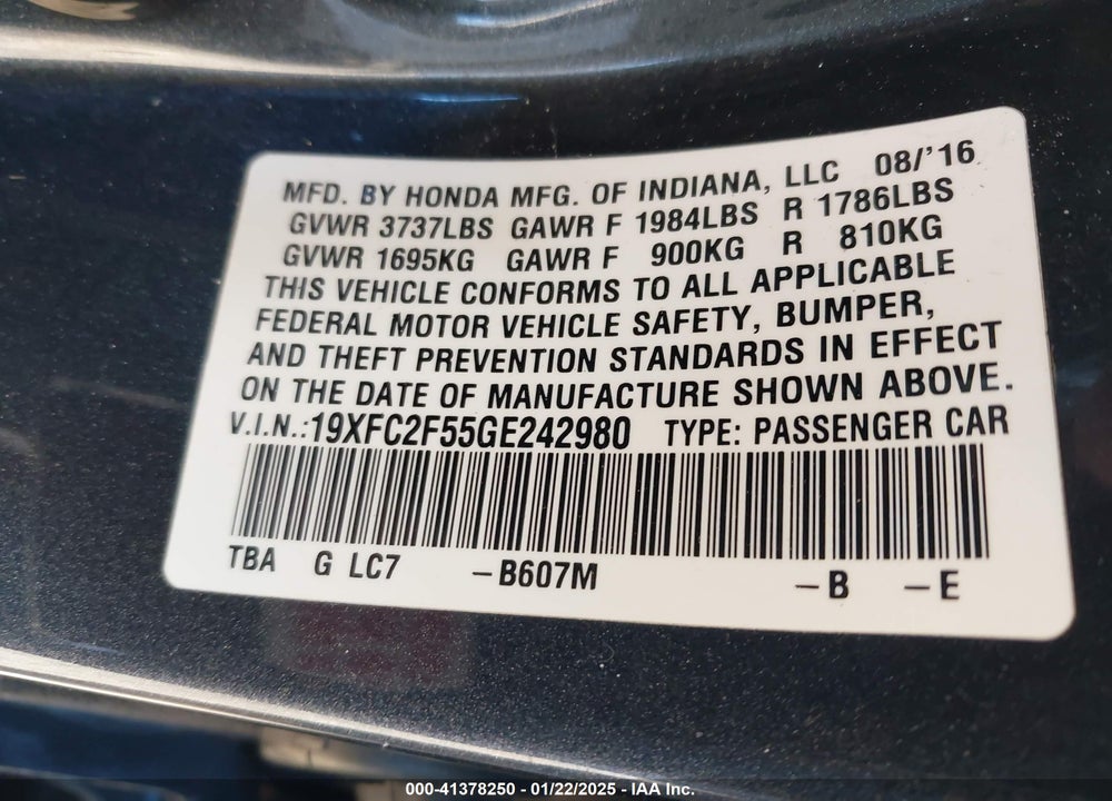 2016 HONDA CIVIC LX VIN: 19XFC2F55GE242980