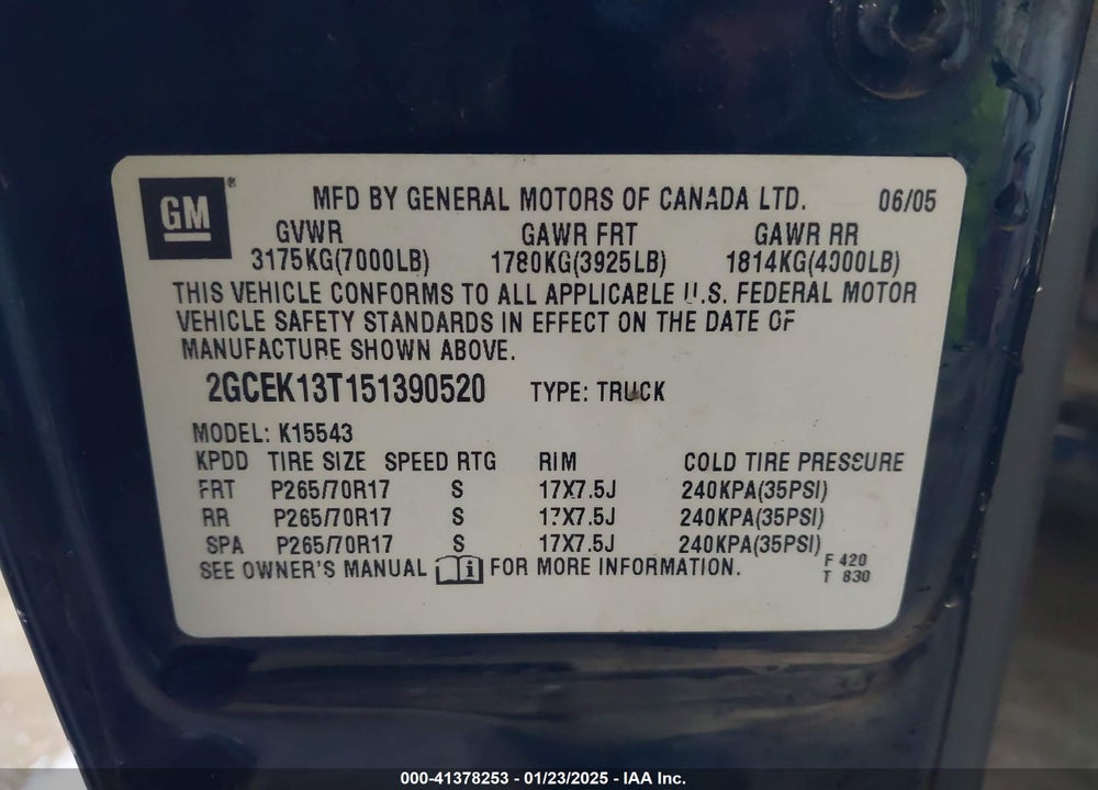 2005 CHEVROLET SILVERADO 1500 Z71 VIN: 2GCEK13T151390520
