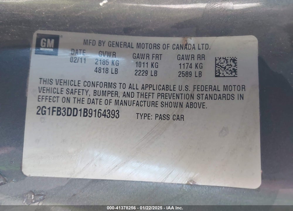 2011 CHEVROLET CAMARO 1LT VIN: 2G1FB3DD1B9164393