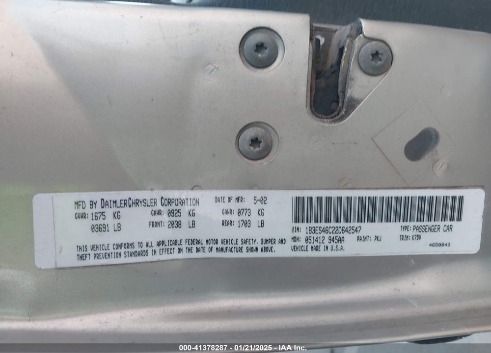 2002 DODGE NEON SE VIN: 1B3ES46C22D642547