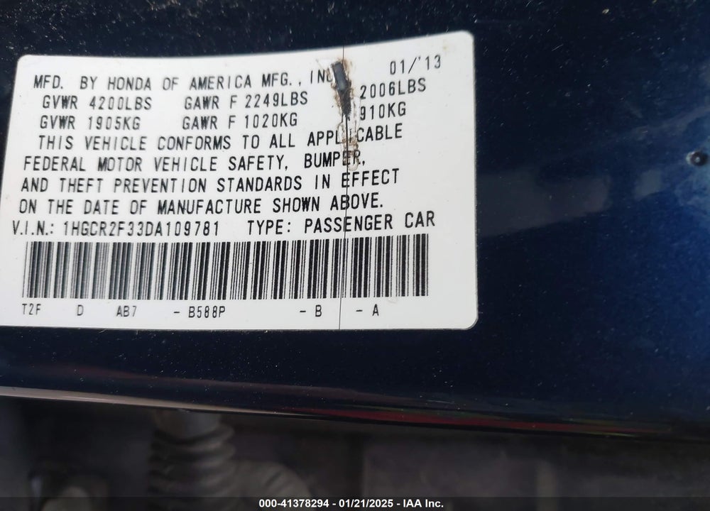2013 HONDA ACCORD LX VIN: 1HGCR2F33DA109781
