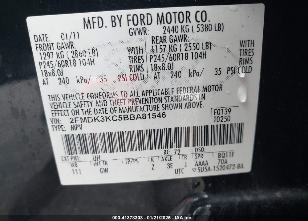 2011 FORD EDGE LIMITED VIN: 2FMDK3KC5BBA81546