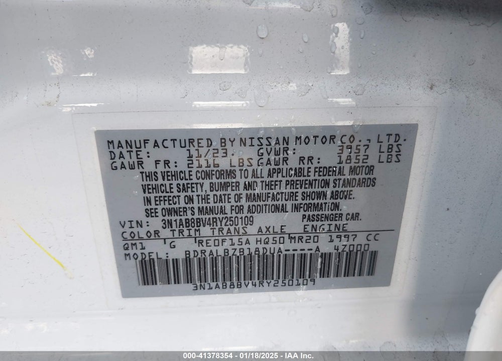 2024 NISSAN SENTRA VIN: 3N1AB8BV4RY250109