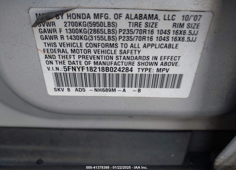 2008 HONDA PILOT VP VIN: 5FNYF18218B024284