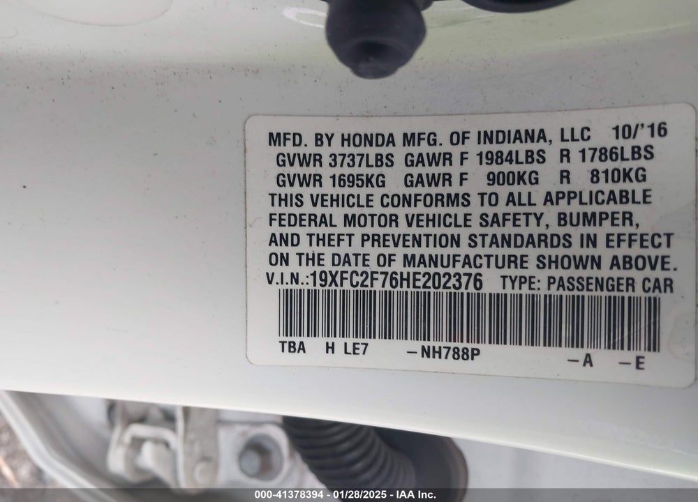 2017 HONDA CIVIC VIN: 19XFC2F76HE202376