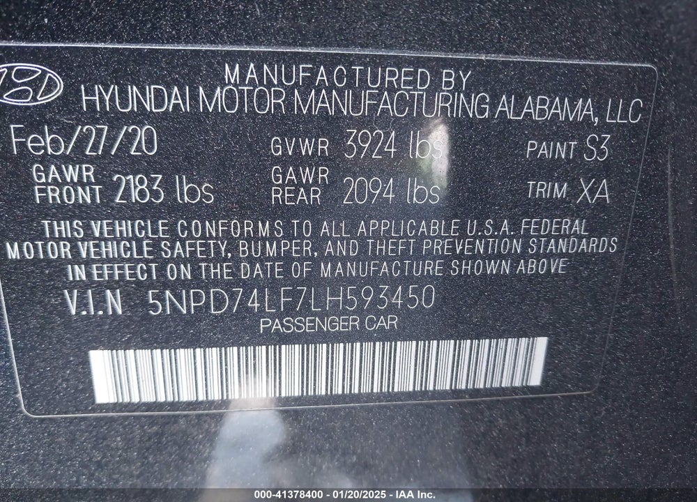 2020 HYUNDAI ELANTRA SE VIN: 5NPD74LF7LH593450