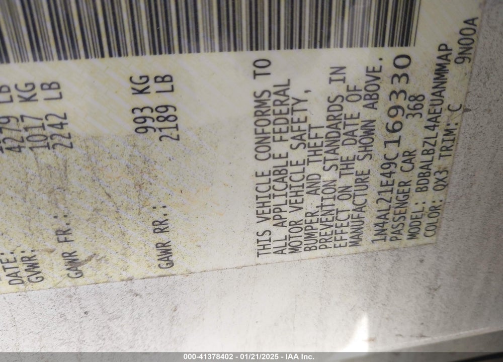 2009 NISSAN ALTIMA VIN: 1N4AL21E49C169330