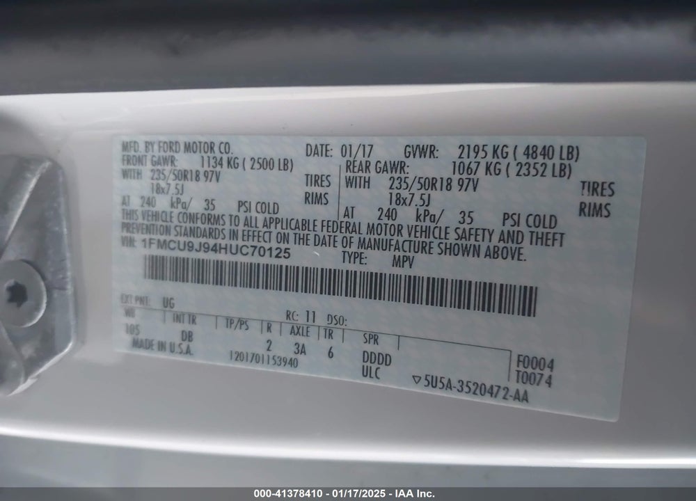 2017 FORD ESCAPE TITANIUM VIN: 1FMCU9J94HUC70125