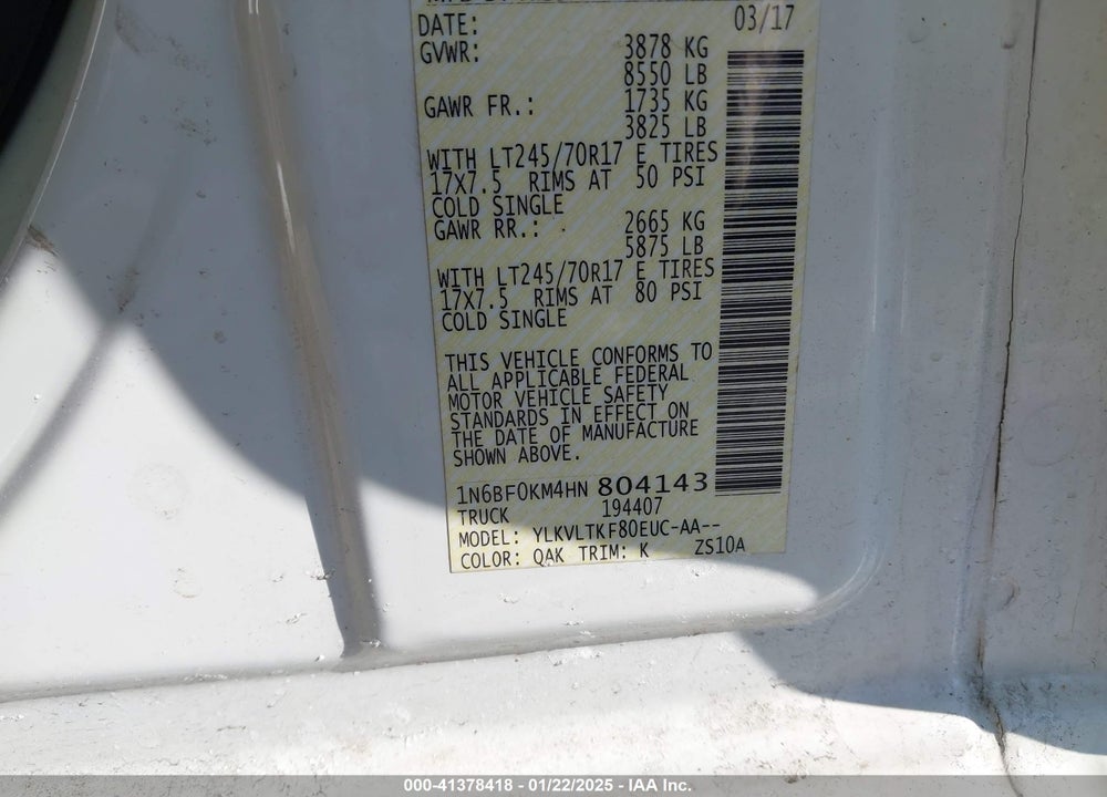 2017 NISSAN NV CARGO NV1500 SV V6 VIN: 1N6BF0KM4HN804143