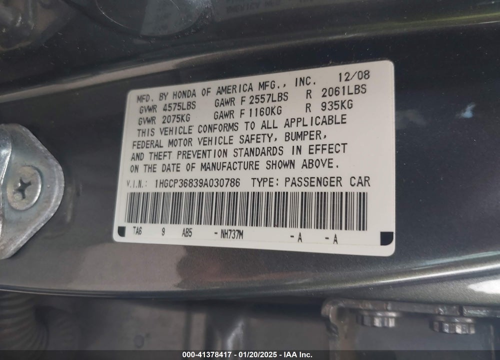 2009 HONDA ACCORD 3.5 EX-L VIN: 1HGCP36839A030786