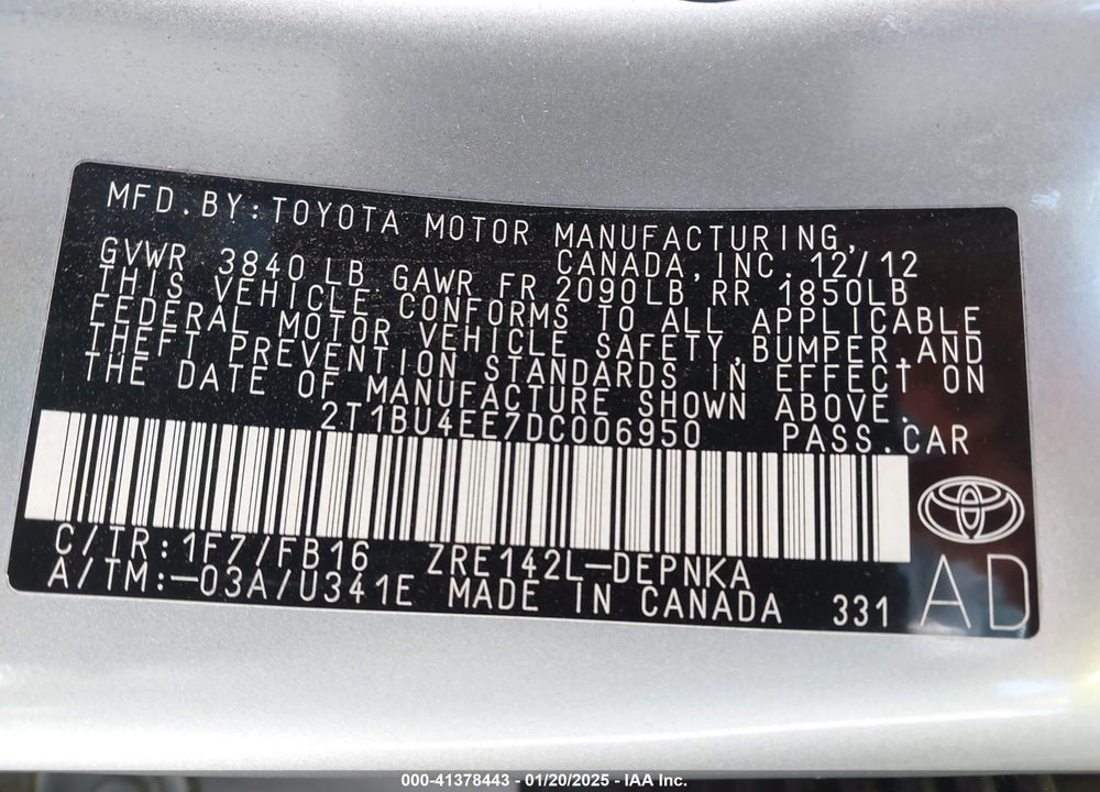 2013 TOYOTA COROLLA LE VIN: 2T1BU4EE7DC006950