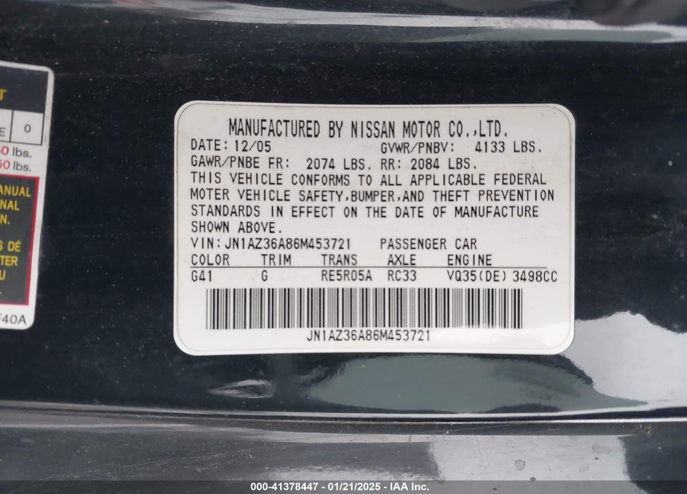 2006 NISSAN 350Z VIN: JN1AZ36A86M453721
