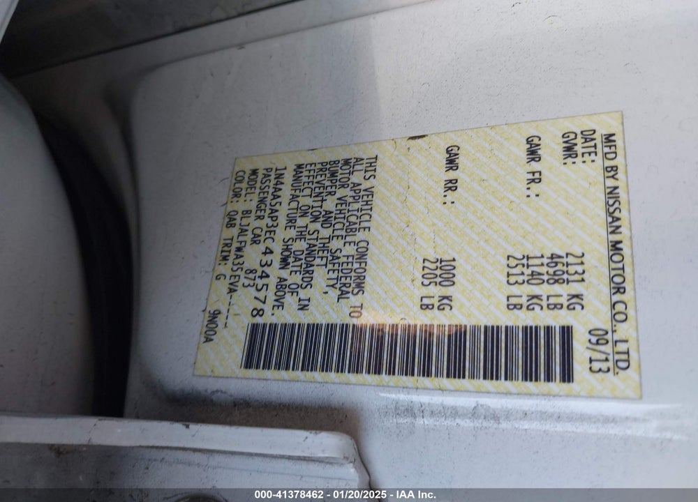 2014 NISSAN MAXIMA 3.5 SV VIN: 1N4AA5AP3EC434578