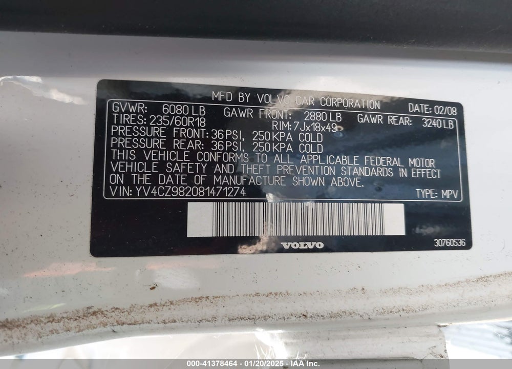 2008 VOLVO XC90 3.2 VIN: YV4CZ982081471274